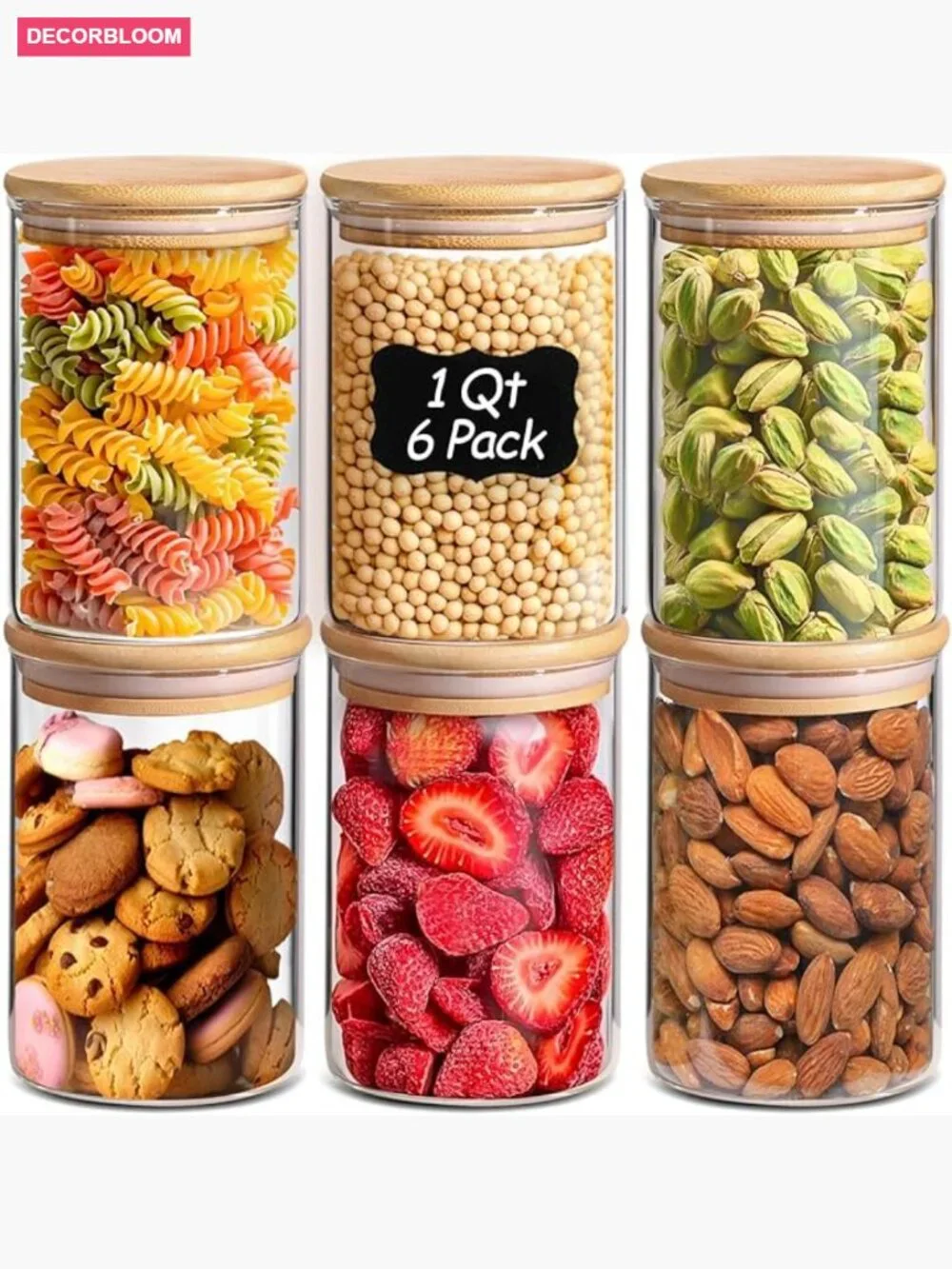 Set of 6 Glass Food Storage Jars with Bamboo Lids, 1Qt Airtight Canisters